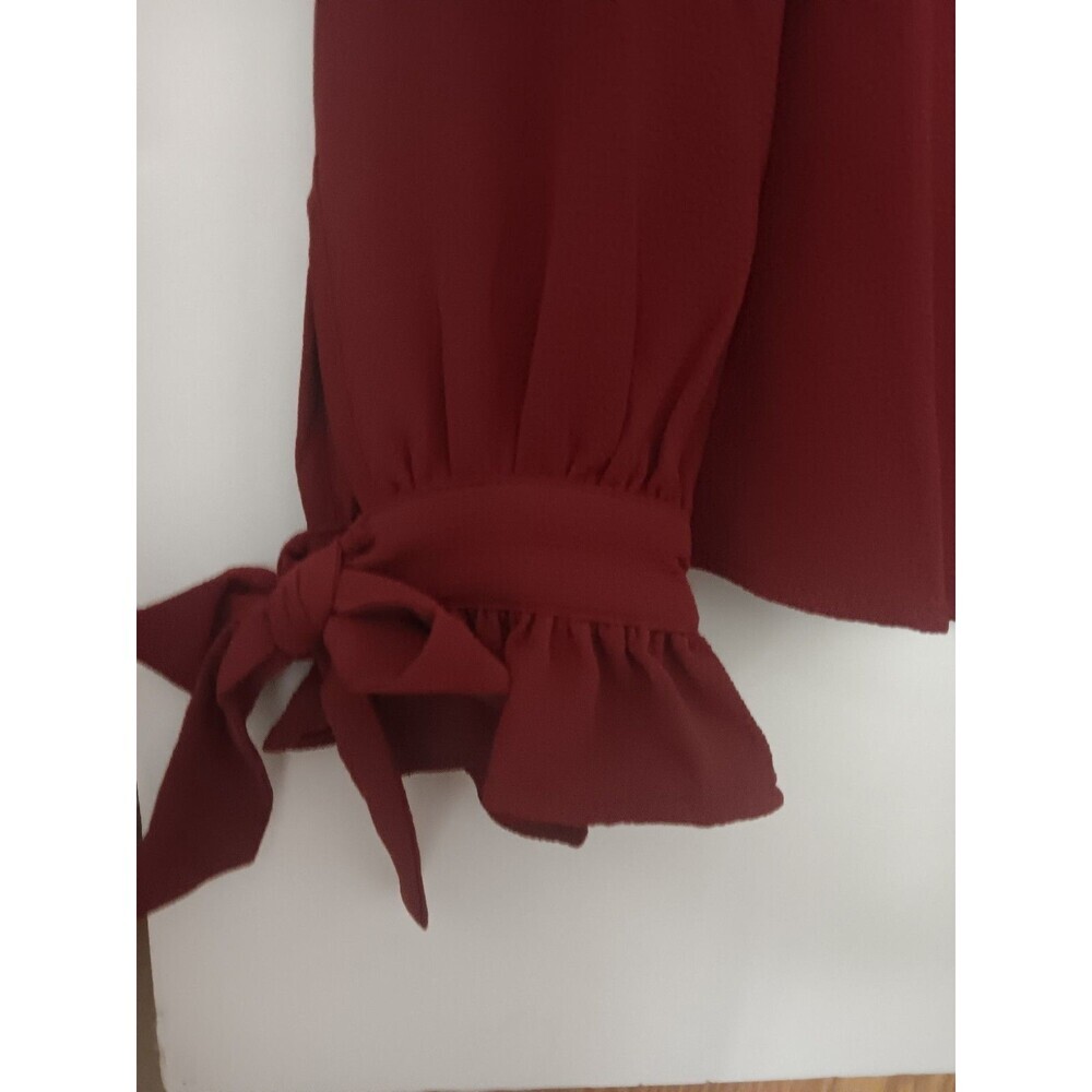 NWT CeCe Claret Red Tie Cuff Ruffle Sleeve Blouse Womens XS V-Neck Long Sleeve - Picture 5 of 9
